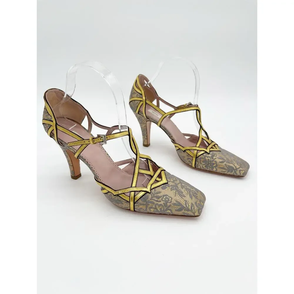 Prada Vintage Gold Floral Brocade Retro Baroque Strappy Square Toe Heels IT 40 - Picture 2 of 11